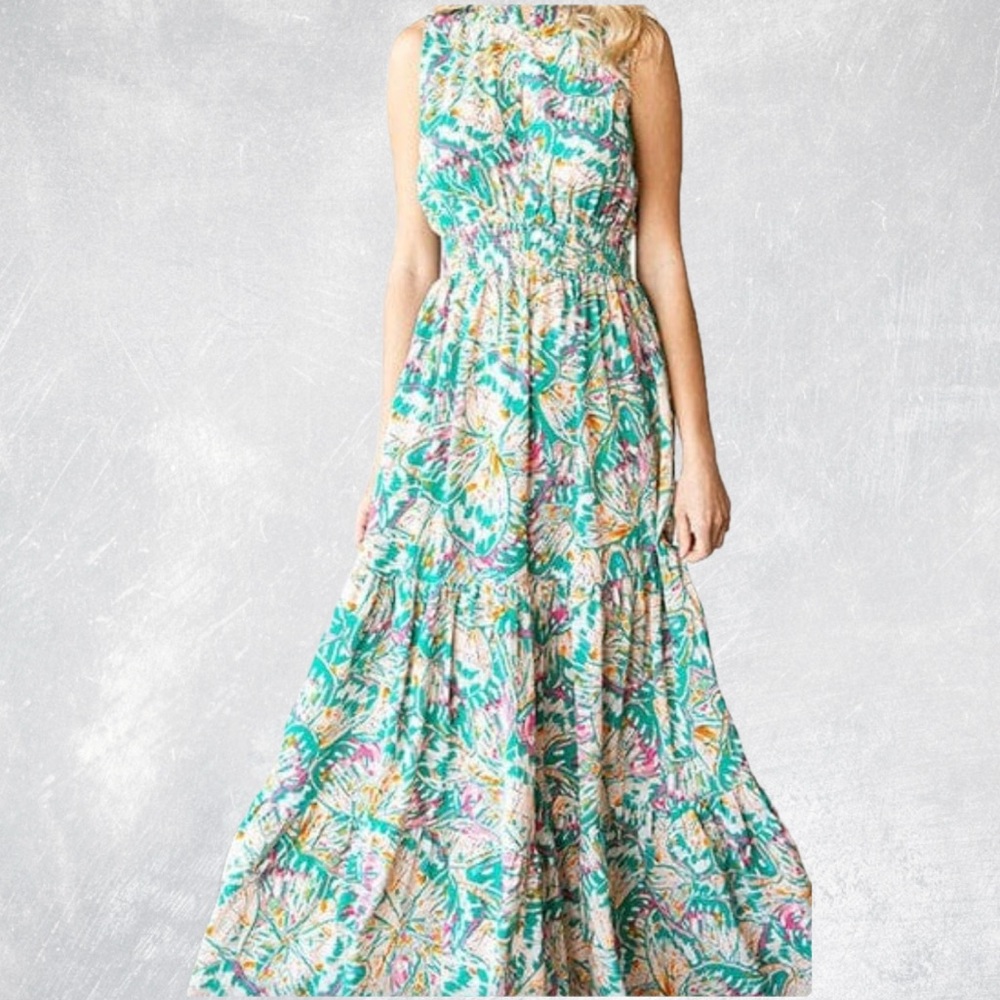 Butterfly Print Floral Maxi Dress in Green and Pink
